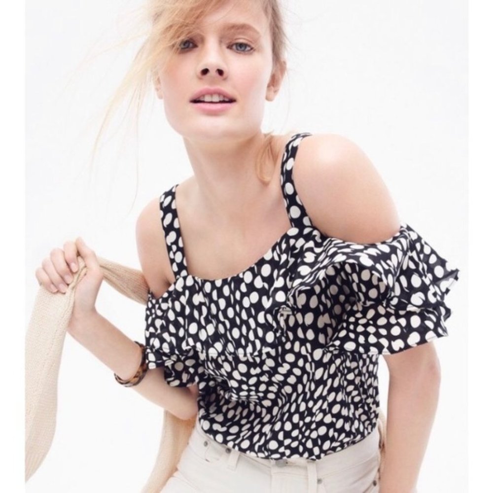 NWOT- J Crew Collection - 100% silk cold-shoulder top in Ratti® polka dot